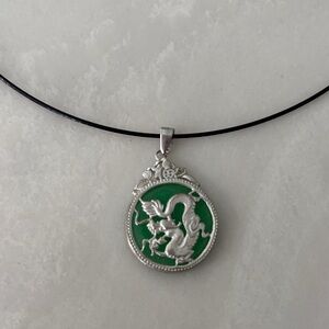 Elegant Silver and Green Jade Dragon Pendant Necklace